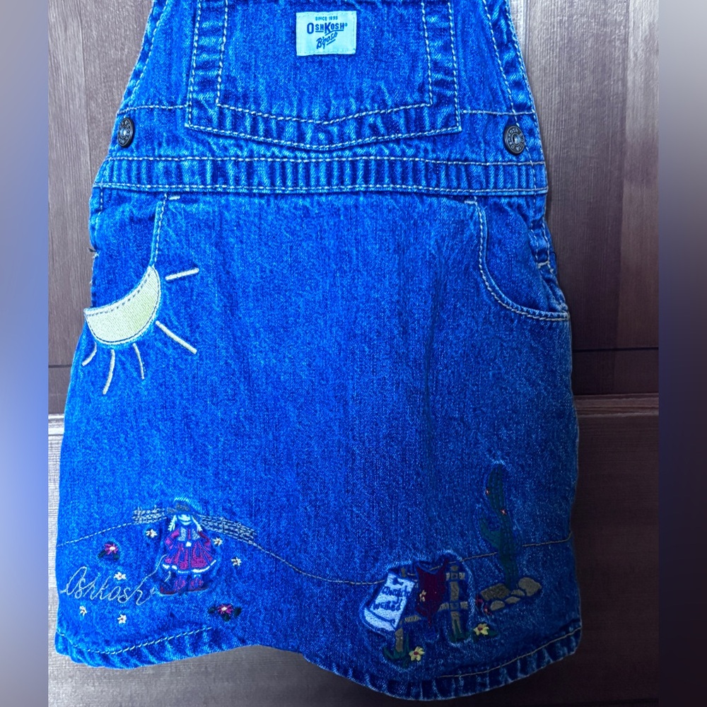 OshKosh B'gosh Blue Denim Overall Dress with Sun and Embroidered Scene - Picture 2 of 4